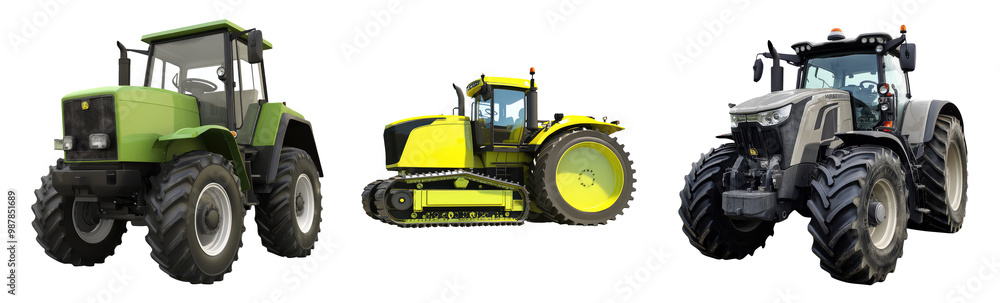 Obraz premium Realistic agricultural tractor on transparent background, PNG. Clipart template set collection