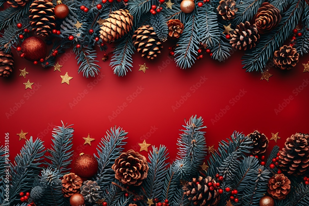 Festive Red Christmas Background with Blank Center for Text and Pine Needle Accents Festive Red Christmas Background with Blank Center for Text and Pine Needle Accents
