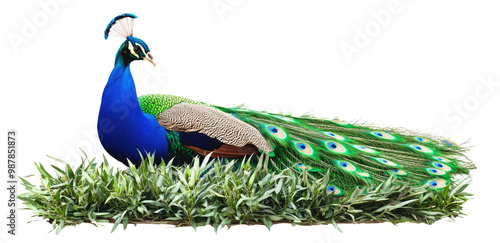 Realistic indian peacock on transparent background, PNG. Clipart template 