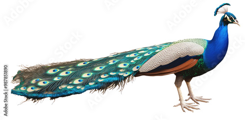 Realistic indian peacock on transparent background, PNG. Clipart template 