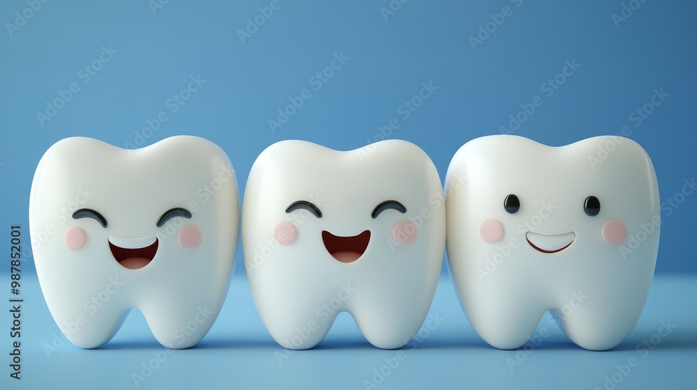 Obraz premium Cute smiling 3d tooth characters composition background