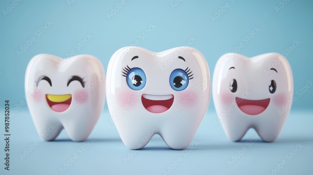 Obraz premium Cute smiling 3d tooth characters composition background