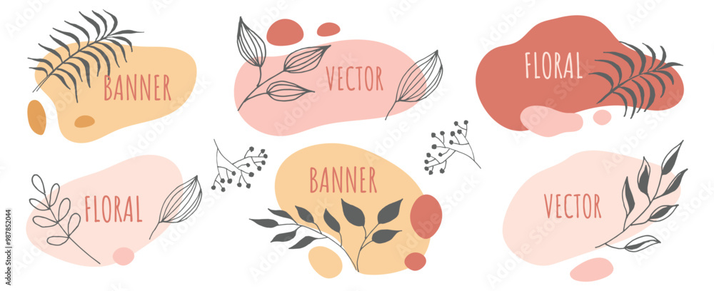 Set of modern banners in liquid design with black line organic plants. Vector Flat geometric shapes of different colors. Trendy dynamic elements in boho style. Set of modern banners in liquid design with black line organic plants. Vector Flat geometric shapes of different colors. Trendy dynamic elements in boho style.