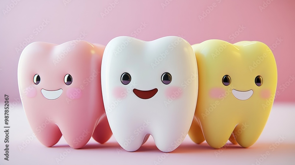 Cute smiling 3d tooth characters composition background Cute smiling 3d tooth characters composition background