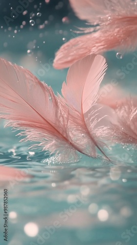 Soft pink feathers submerged in turquoise liquid with bubbles floating around