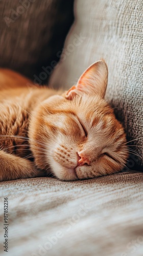 Cozy orange cat napping peacefully on a textured gray couch in a warm, inviti...