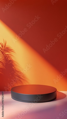 Minimalist display platform with orange geometric shapes and gradient backgro...