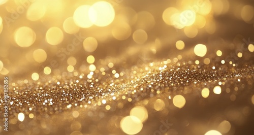 Sparkling golden glitter scattered on a surface in soft light for a festive c...