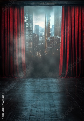 A dramatic view of a city skyline framed by red curtains on a foggy day