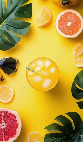 Citrus drink with mint and fresh fruits on a vibrant yellow background