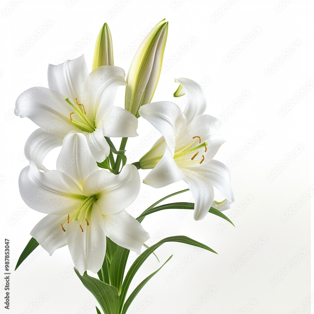 Fototapeta premium Three white lilies with green stems and leaves on a white background.