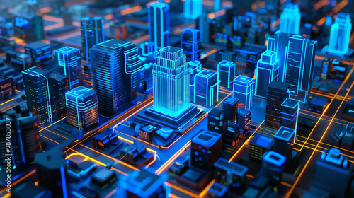 Urban infrastructure of a smart daytime city with blue neon lighting, fantastic 3d art, 3d