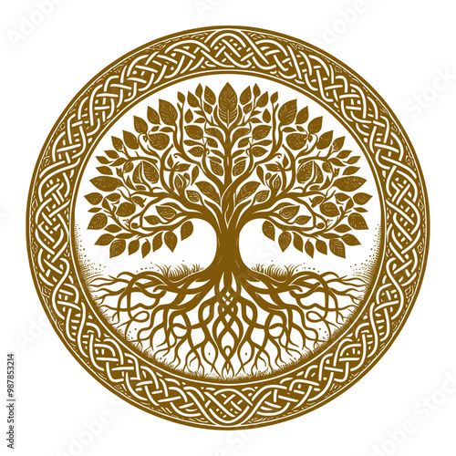 An artistic representation of the Tree of Life rendered in a boho nature-inspired theme. This grunge-style vector art reflects the harmony between the spiritual and natural worlds, making it ideal for