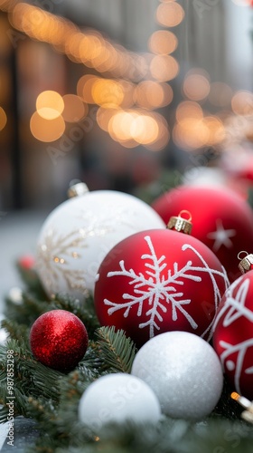 Festive holiday decorations adorn a city street with sparkling ornaments and ...