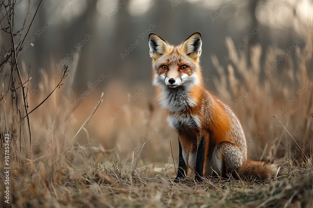 Red fox sitting in forest, looking directly at camera with curious expression Red fox sitting in forest, looking directly at camera with curious expression