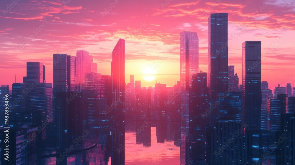 Fototapeta premium Cityscape with Tall Buildings and Sunset Reflections