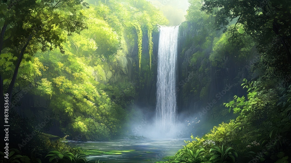 Lush Green Forest with a Waterfall Cascading into a Pool of Water Lush Green Forest with a Waterfall Cascading into a Pool of Water