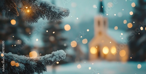 Snowy winter landscape featuring a church and sparkling lights on a snow-cove...
