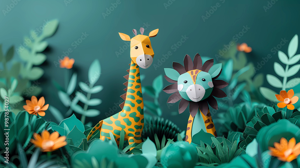 A playful paper craft scene featuring a giraffe and a lion surrounded by lush green leaves and orange flowers in a jungle setting A playful paper craft scene featuring a giraffe and a lion surrounded by lush green leaves and orange flowers in a jungle setting
