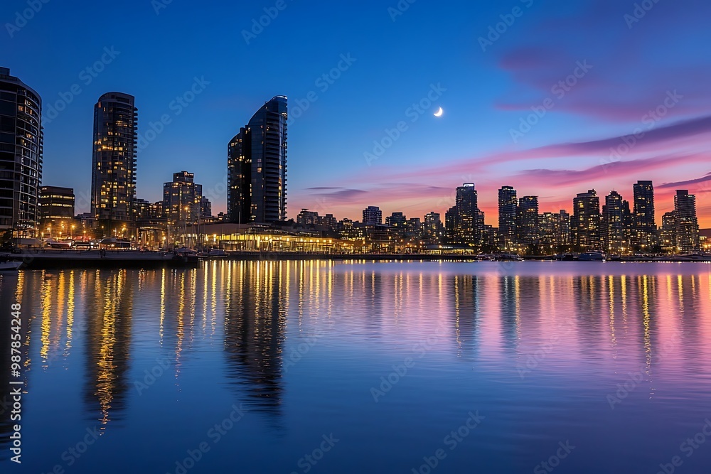 Fototapeta premium Beautiful cityscape skyline at dusk with crescent moon and city lights reflecting on water