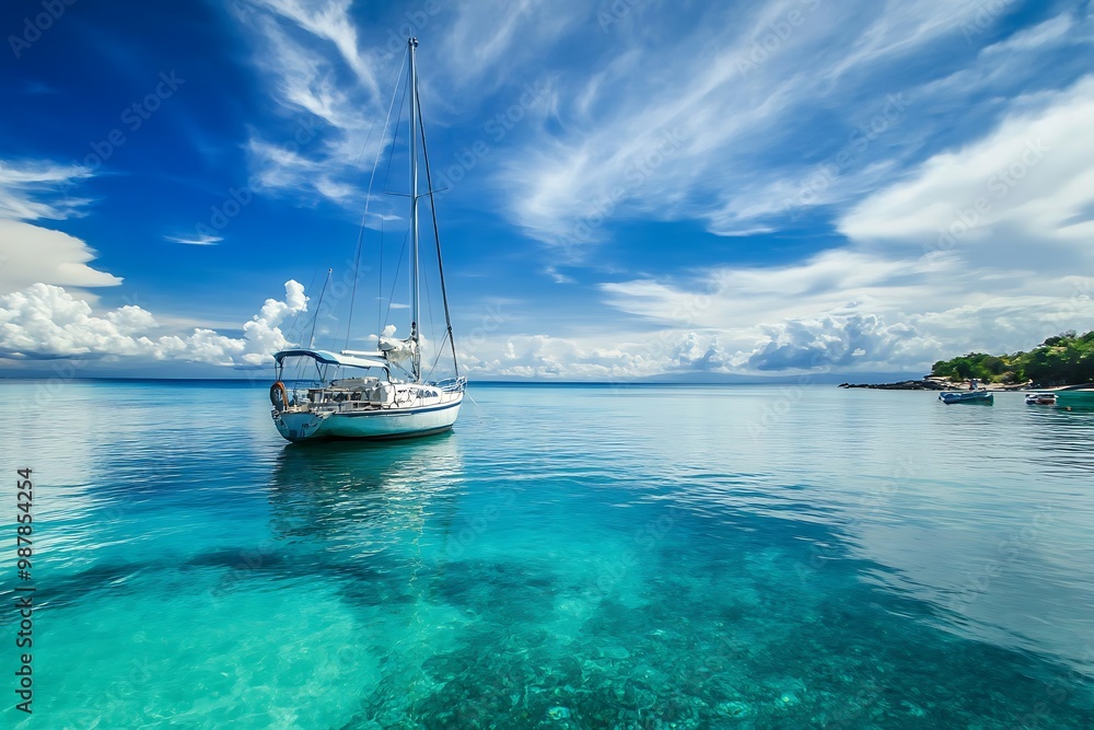 Sailboat anchored in turquoise tropical water with clear visibility, blue sky and fluffy white clouds Sailboat anchored in turquoise tropical water with clear visibility, blue sky and fluffy white clouds