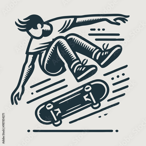 Skateboarder performing a trick in mid-air, feeling energetic, in a dynamic graphic style