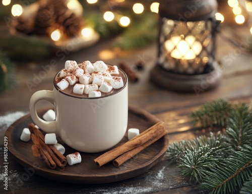 Cozy winter drink with marshmallows served near festive lights and pine decor...