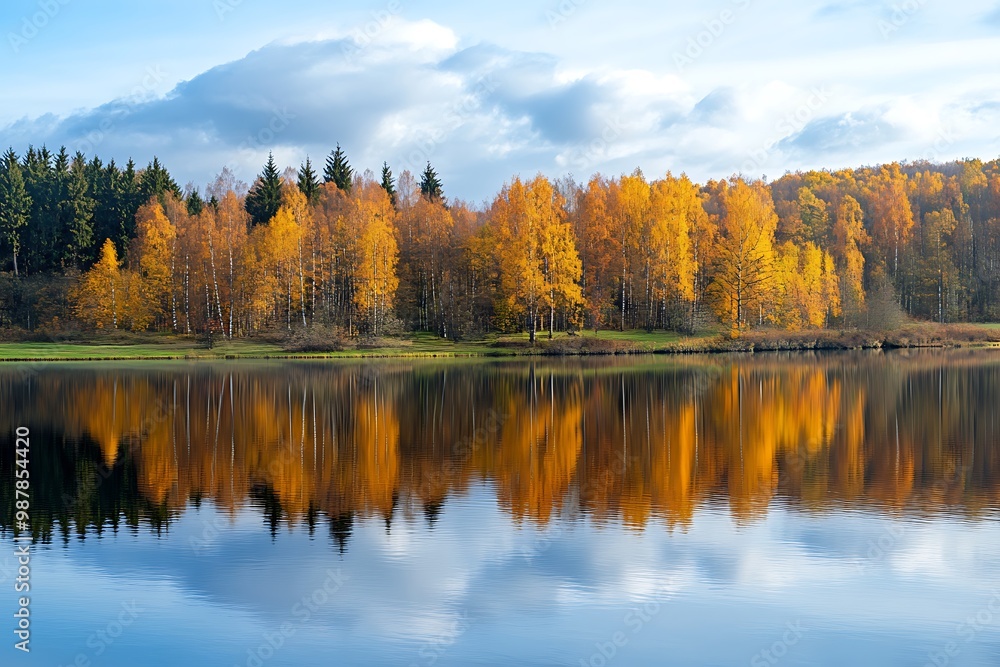 Autumn forest reflecting in tranquil lake with blue sky and white clouds Autumn forest reflecting in tranquil lake with blue sky and white clouds