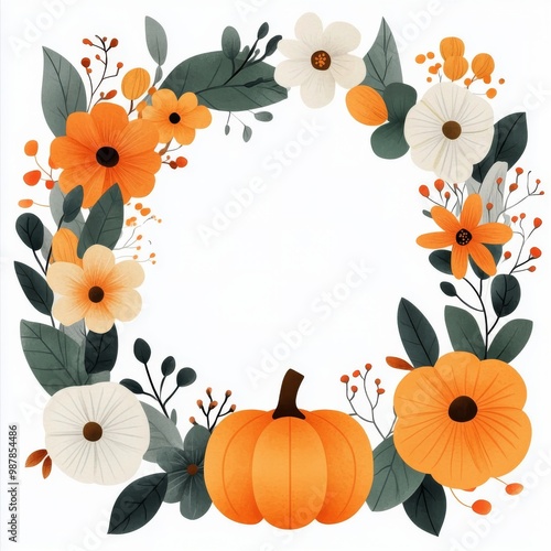 Autumn circle design featuring pumpkins and flowers in a warm color palette