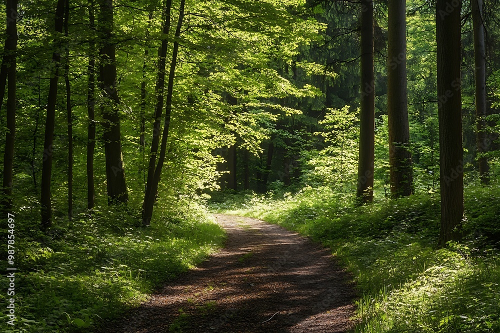 Fototapeta premium Sun beams through the trees on a forest path. Peaceful forest trail scene.