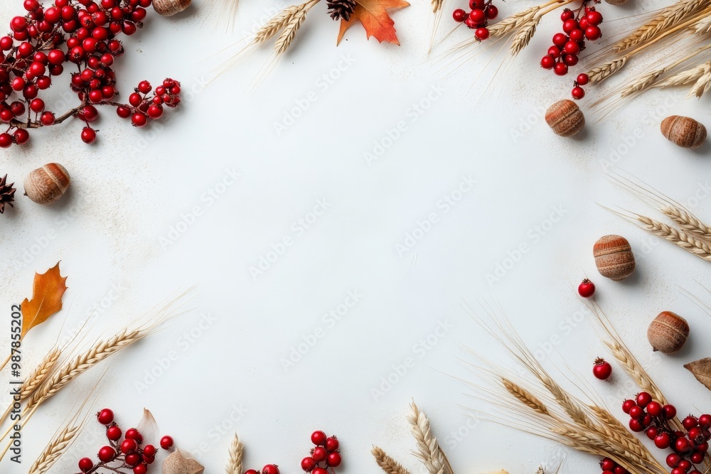 Autumn harvest display with colorful berries, nuts, and grains arranged on a neutral background Autumn harvest display with colorful berries, nuts, and grains arranged on a neutral background