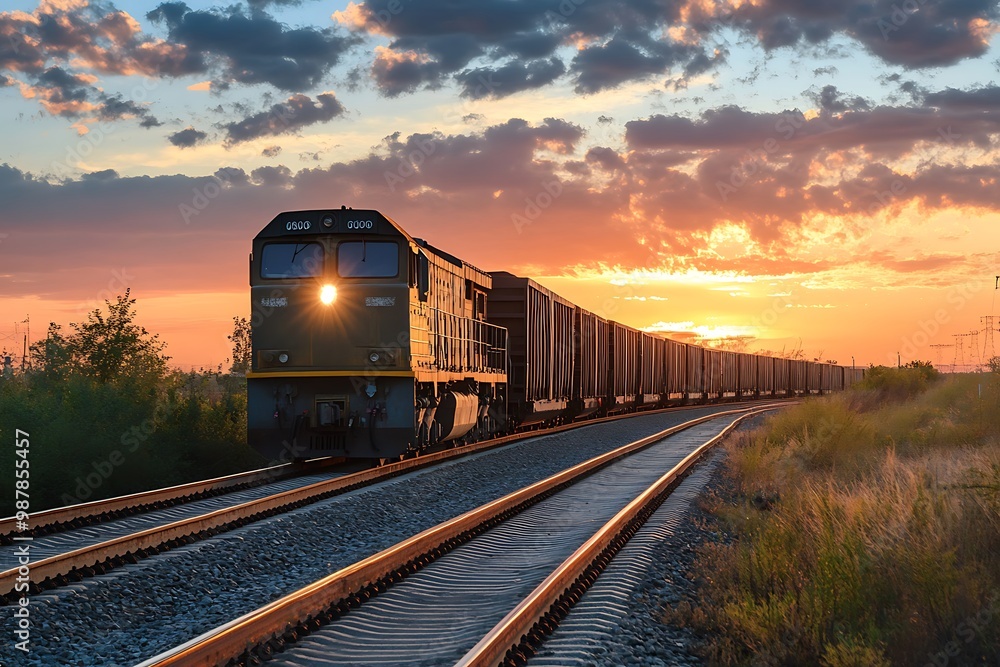 Freight train traveling through a vast landscape during a stunning sunset