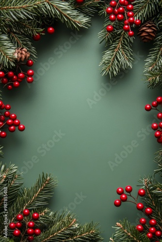 Festive holiday wreath adorned with pinecones and red berries on a green back...