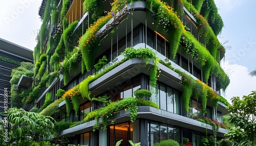 Innovative vertical garden on Thai architecture showcasing smart energy management and cultural preservation design