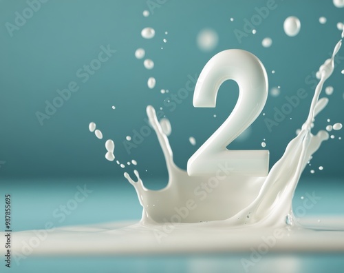Splash of milk with the number two against a bright blue background