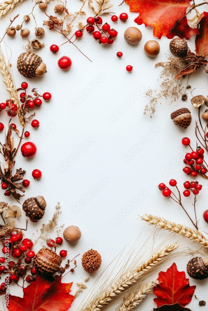 Vibrant autumn arrangement of berries, leaves, and grains on a white background for seasonal decor Vibrant autumn arrangement of berries, leaves, and grains on a white background for seasonal decor