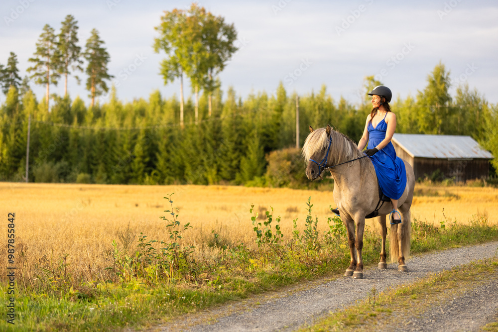 Lady with blue dress riding on Icelandic horse during sunset in Finland. Rider is wearing helmet. Lady with blue dress riding on Icelandic horse during sunset in Finland. Rider is wearing helmet.