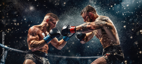 Two MMA Fighters Boxing in a Ring with Water Spraying