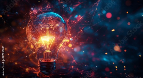 A glowing light bulb surrounded by colorful sparks and abstract elements in a...