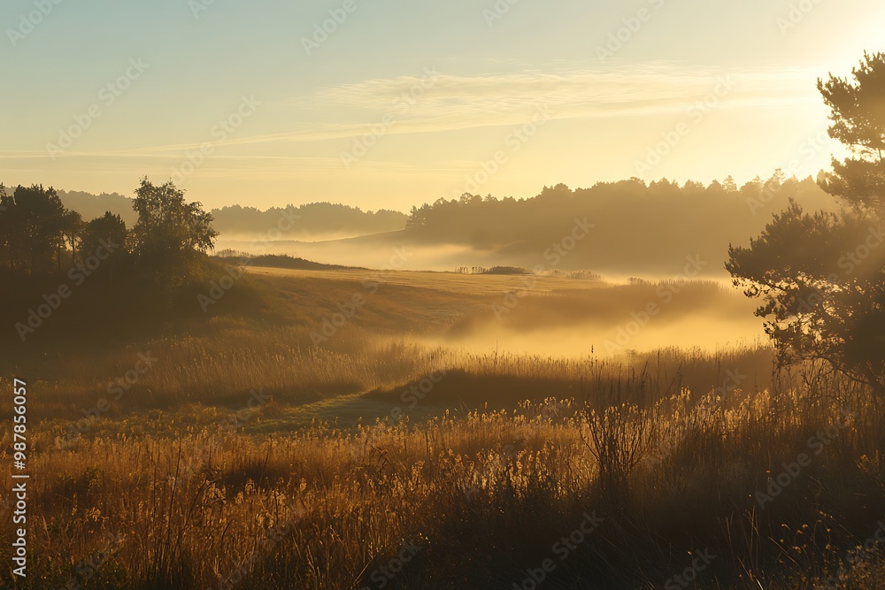 Golden Hour Sunrise Over Foggy Meadow with Trees and Sunlight