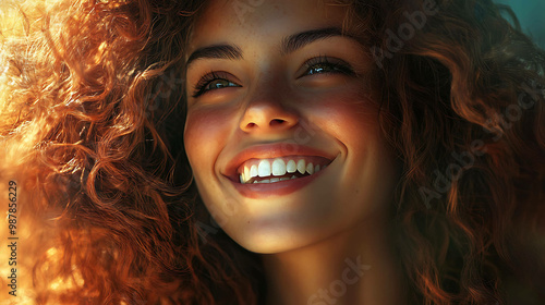 A woman with long, curly red hair smiles brightly with her eyes closed.