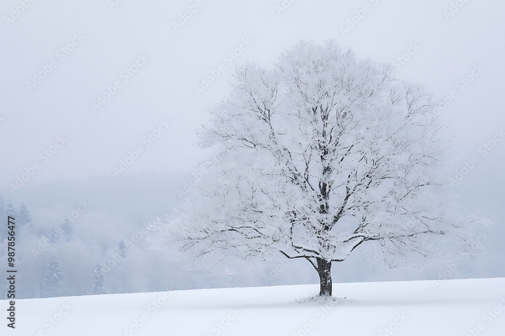 Fototapeta premium Lonely snow covered tree in a foggy winter landscape