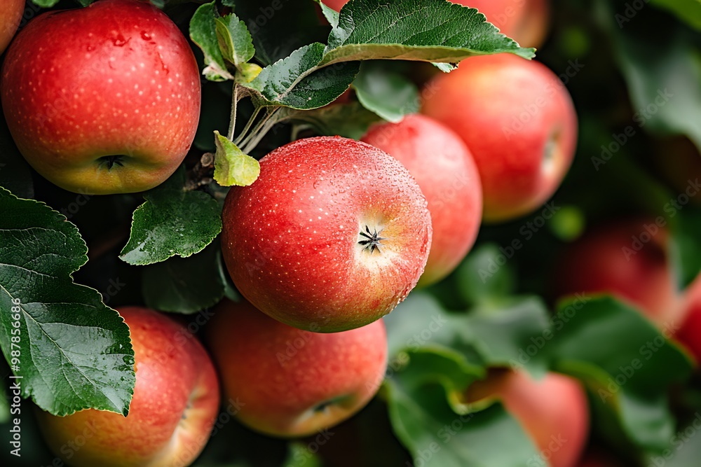 Obraz premium Red apples on a branch with green leaves, close up photo