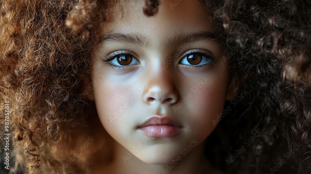 Fototapeta premium Closeup portrait of a young girl with curly hair and big brown eyes.
