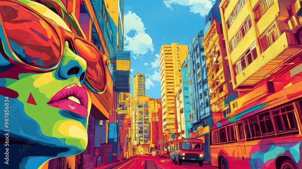 Obraz premium A Colorful Cityscape with a Woman Wearing Sunglasses