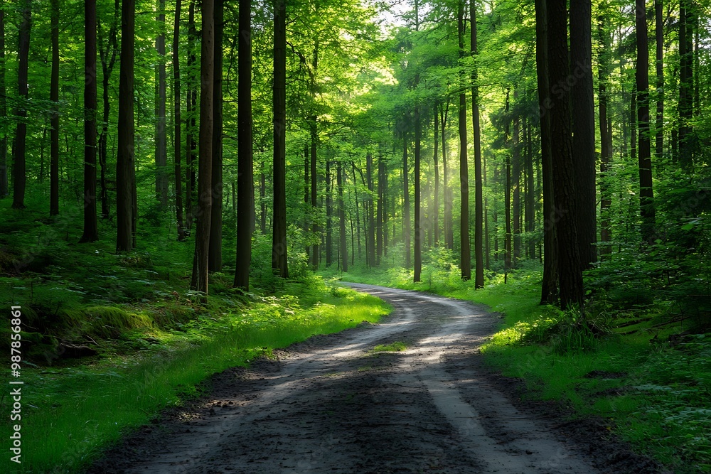 Fototapeta premium Sunlight streaming through trees in lush green forest with winding dirt path