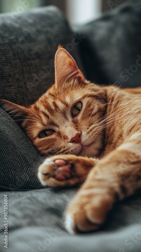Cozy orange cat napping peacefully on a textured gray couch in a warm, inviti...