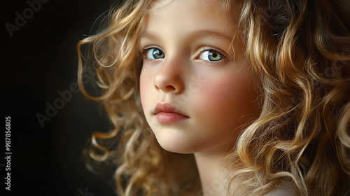 A young girl with blonde curly hair looks into the camera with a thoughtful expression.