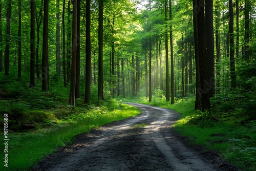 Sunlight streaming through trees in lush green forest with winding dirt path