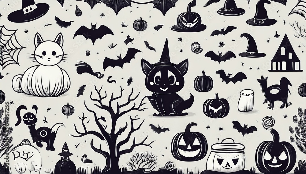 The image is a black and white illustration featuring a small black cat with a bat on its head, sitting on a tree branch. The image is a black and white illustration featuring a small black cat with a bat on its head, sitting on a tree branch.